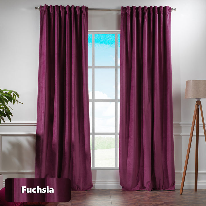 Made‑to‑measure matte velvet curtain in vibrant fuchsia with extra‑long extra‑wide drape and smooth modern finish.