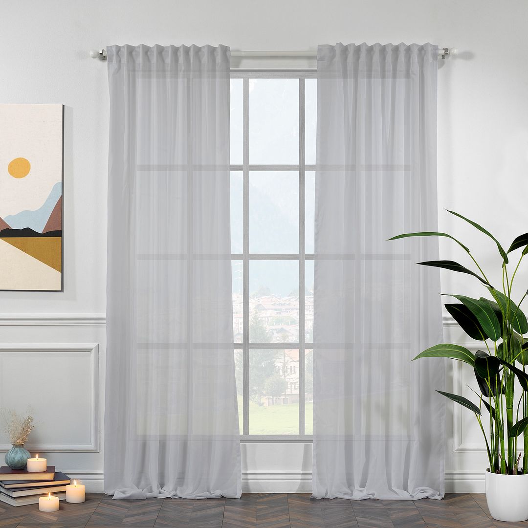 Made‑to‑measure extra‑long and extra‑wide grey chiffon semi‑sheer curtain with cool neutral tone, soft translucency and a lightweight airy drape.