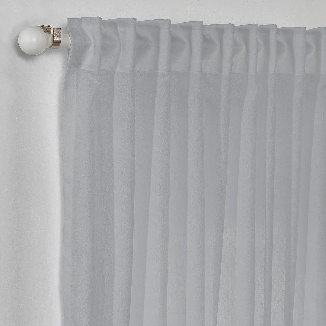Grey chiffon semi‑sheer curtain, made to measure in extra‑long and extra‑wide sizing, featuring subtle texture and cool neutral translucency.