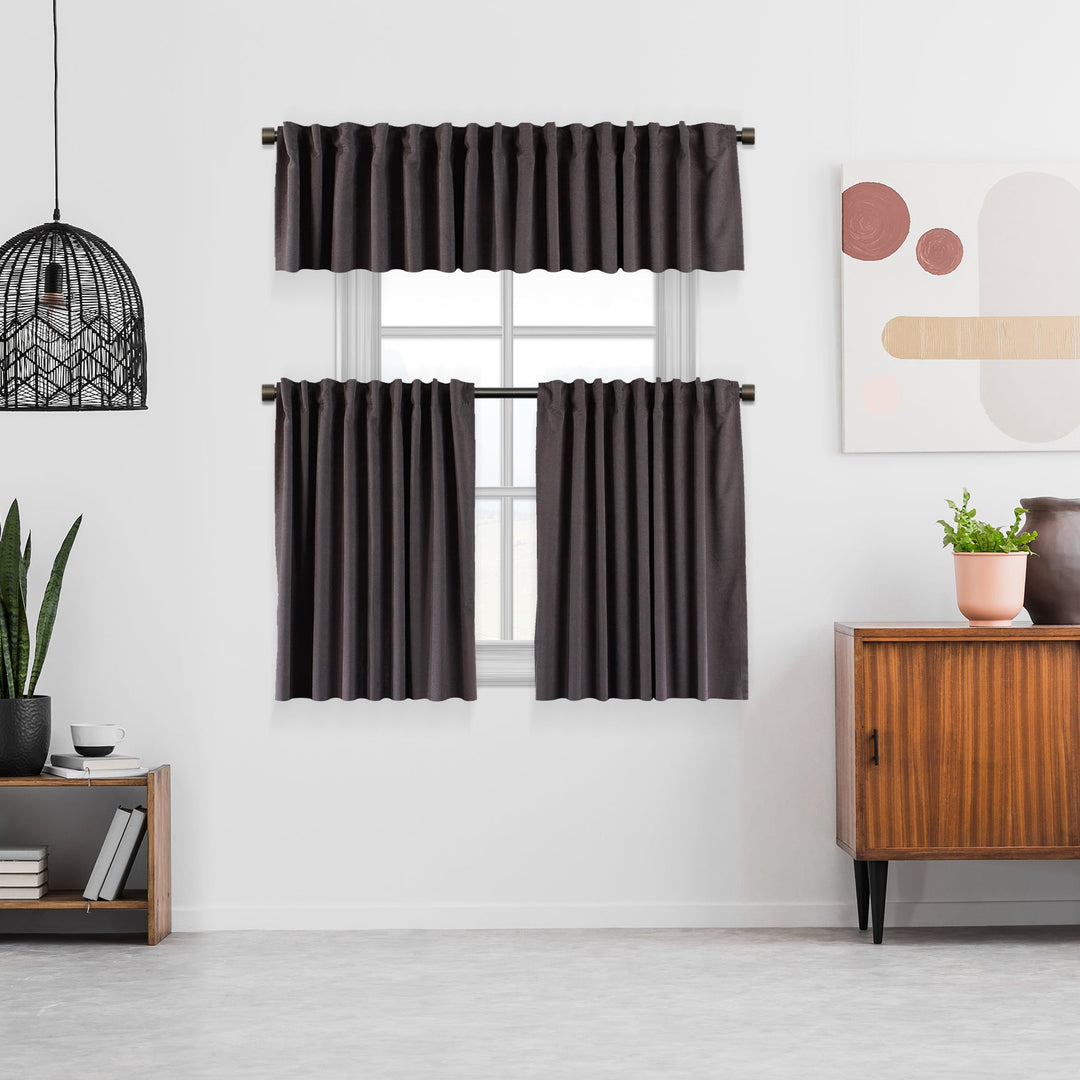 A made to measure kitchen valance in soft grey velour, shown with a plush lightweight texture and crisp seams for a calm modern finish