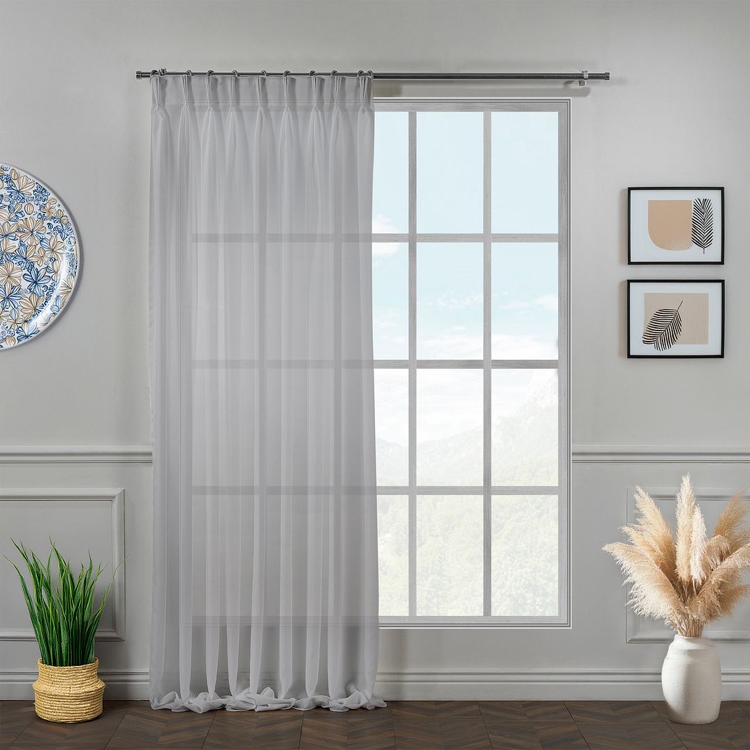 Made‑to‑measure extra‑long and extra‑wide grey pinch‑pleated chiffon semi‑sheer curtain with refined pleated header, soft translucency and a smooth flowing drape.