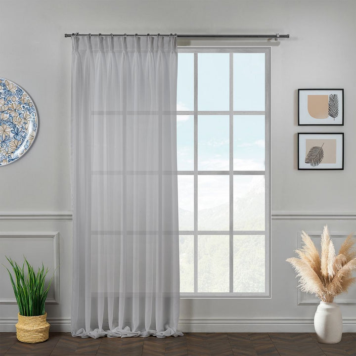 Made‑to‑measure extra‑long and extra‑wide grey pinch‑pleated chiffon semi‑sheer curtain with refined pleated header, soft translucency and a smooth flowing drape.