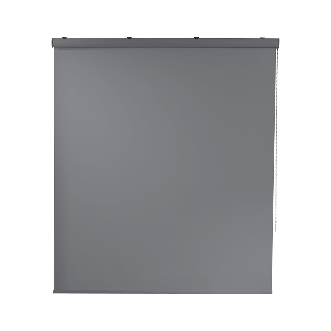 A grey room darkening roller blind made to measure, displayed with a soft matte finish and clean minimal lines enhancing light control