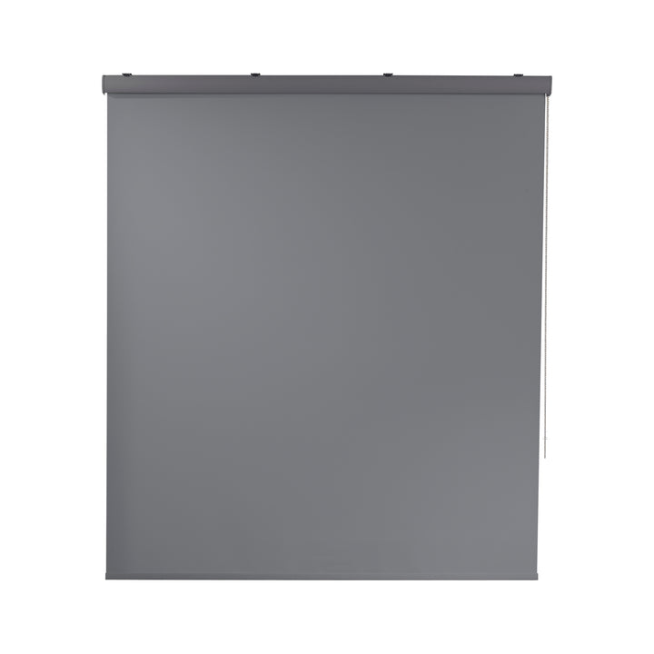 A grey room darkening roller blind made to measure, displayed with a soft matte finish and clean minimal lines enhancing light control
