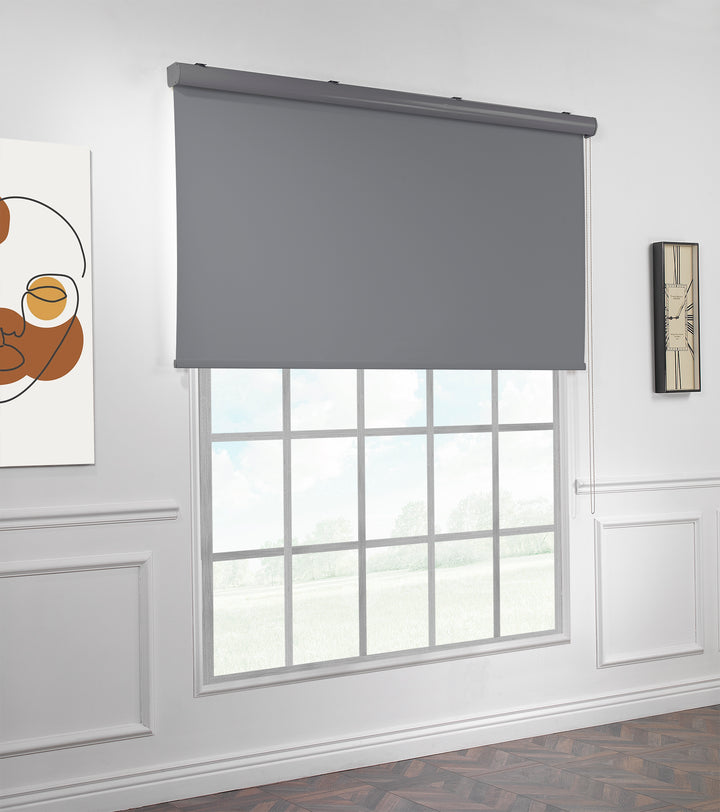 A grey room darkening roller blind made to measure, shown in a clean front view with a soft matte surface and minimal styling