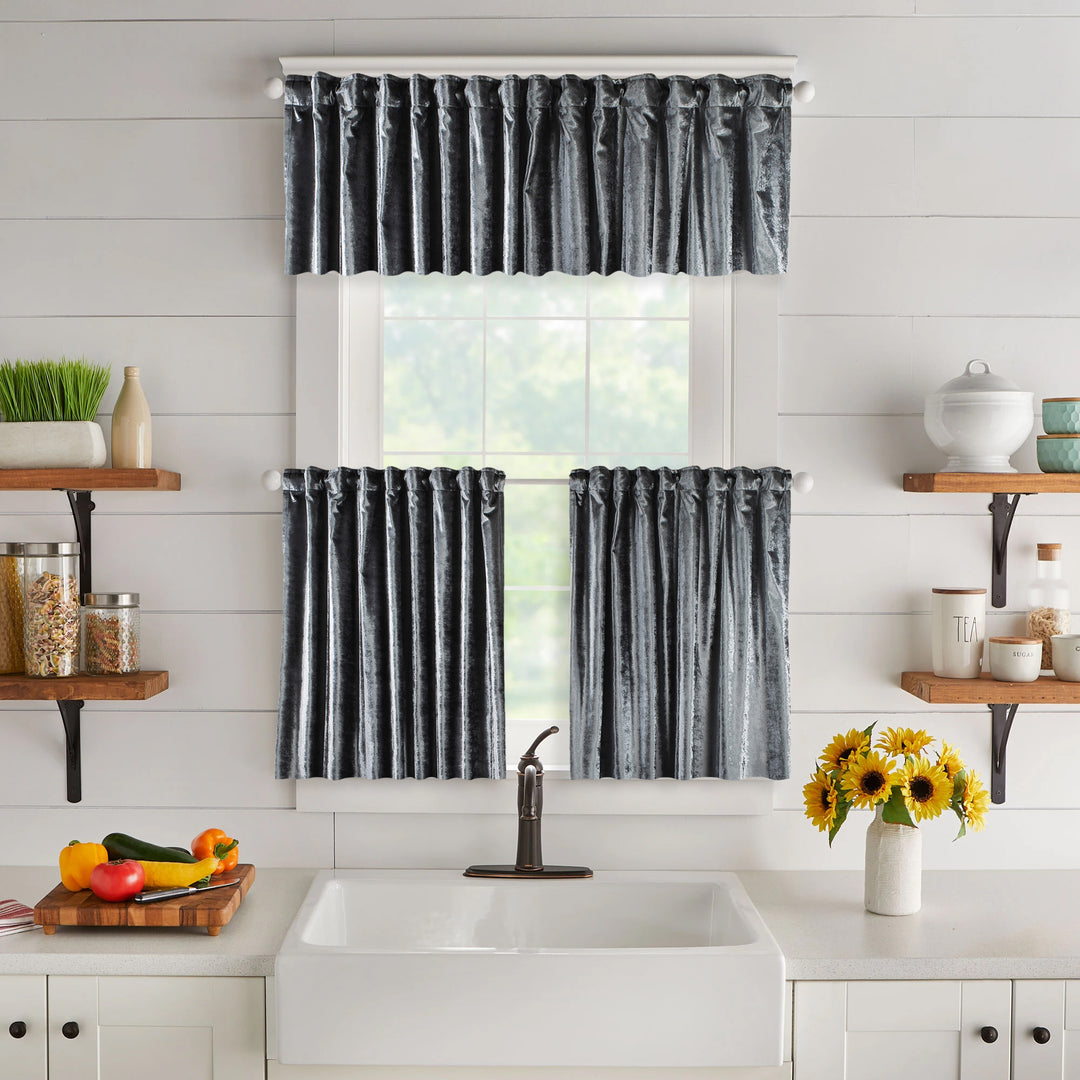 A made to measure  valance in soft grey shiny velvet, featuring a subtle reflective sheen and clean structured seams for a modern refined appearance
