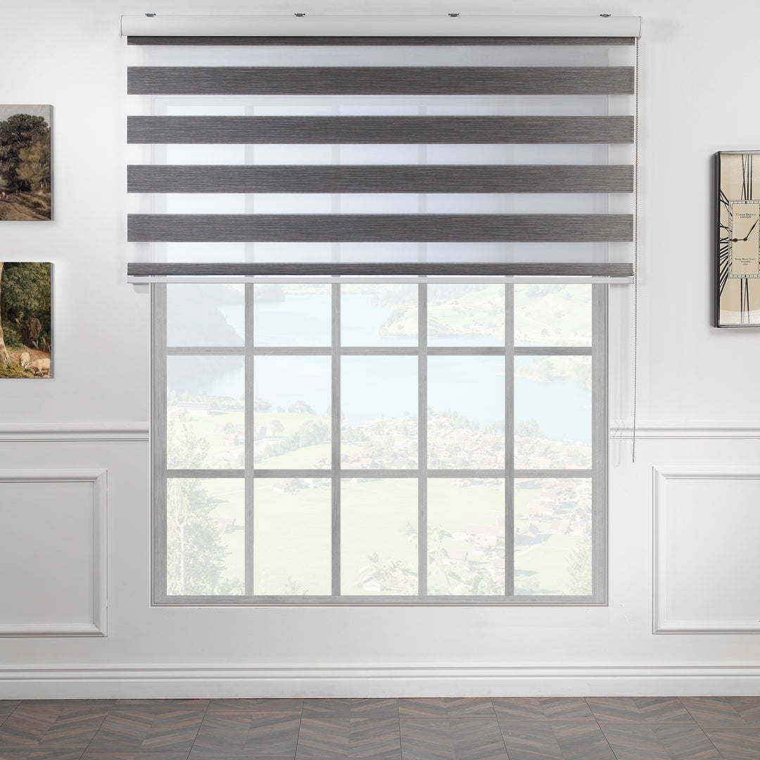 Made to measure zebra roller blind in grey, designed with alternating sheer and opaque horizontal stripes for adjustable light control and privacy, highlighting the bold black tone, smooth texture and modern day‑and‑night blind style.
