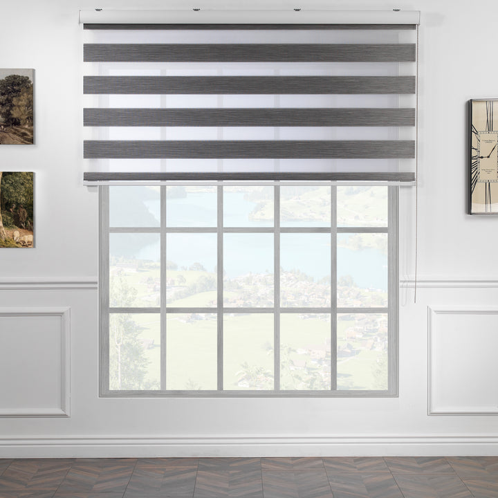 Made to measure zebra roller blind in grey, designed with alternating sheer and opaque horizontal stripes for adjustable light control and privacy, highlighting the bold black tone, smooth texture and modern day‑and‑night blind style.