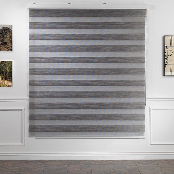Made to measure zebra roller blind in silver grey , designed with alternating sheer and opaque horizontal stripes for adjustable light control and privacy, highlighting the bold black tone, smooth texture and modern day‑and‑night blind style.