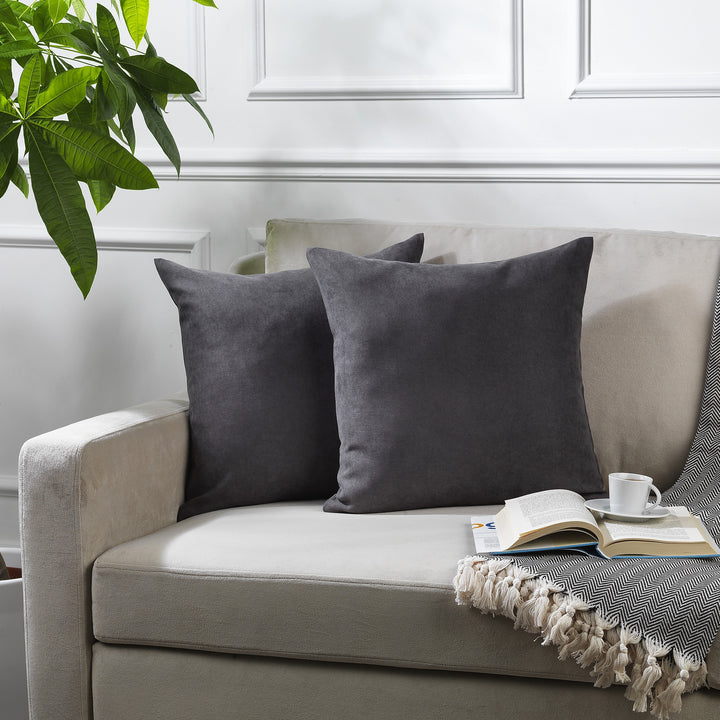 A made to measure cushion cover in soft grey velour, shown with a lightweight plush texture and clean structured edges for a calm modern finish