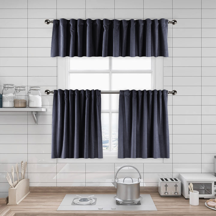 A made to measure kitchen valance in deep blue‑grey matte velvet, shown with a plush smooth texture and crisp structured edges for a sophisticated modern finish