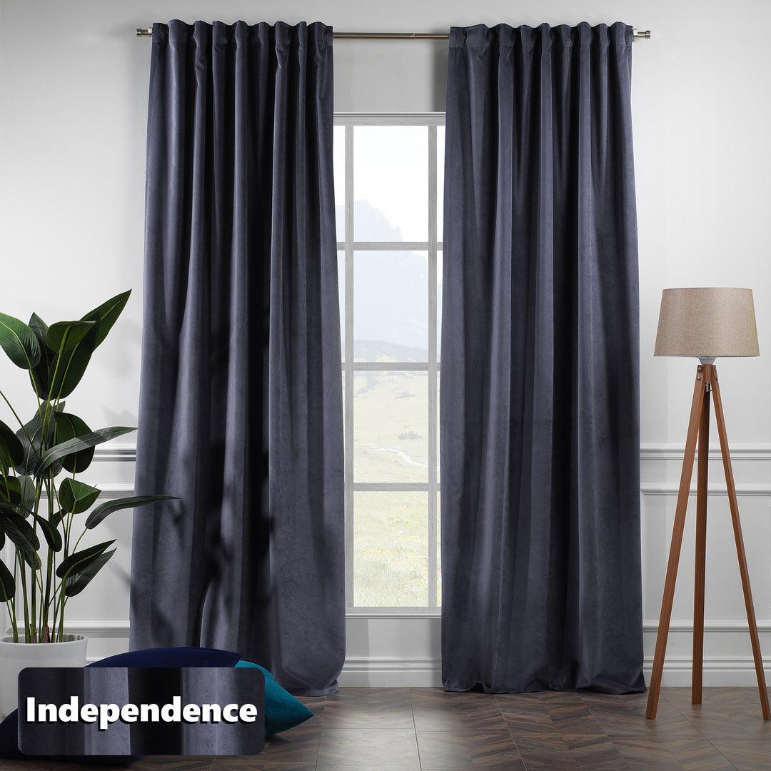 Extra‑long independece matte velvet eyelet curtain with modern ring detailing and a relaxed, elegant fall.”
