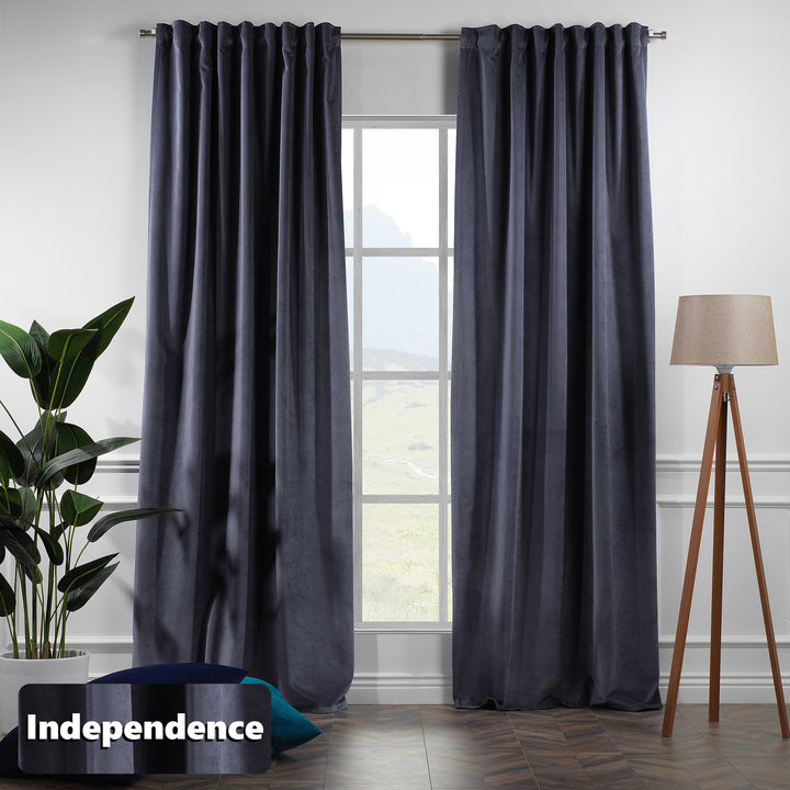 Extra‑long independece matte velvet eyelet curtain with modern ring detailing and a relaxed, elegant fall.”