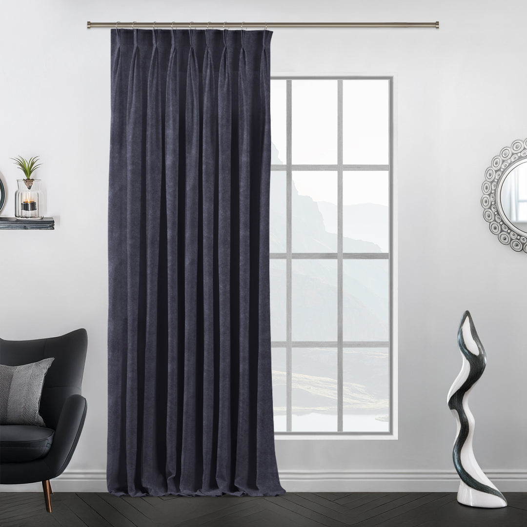 Extra‑wide matte velvet pinch pleat curtain with deep, uniform folds and a luxury handcrafted look.