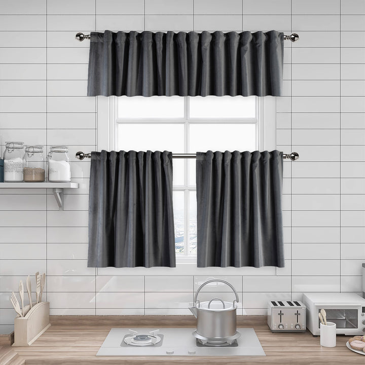 A made to measure kitchen valance in cool iron‑grey matte velvet, shown with a smooth plush texture and neatly finished edges for a sleek refined appearance