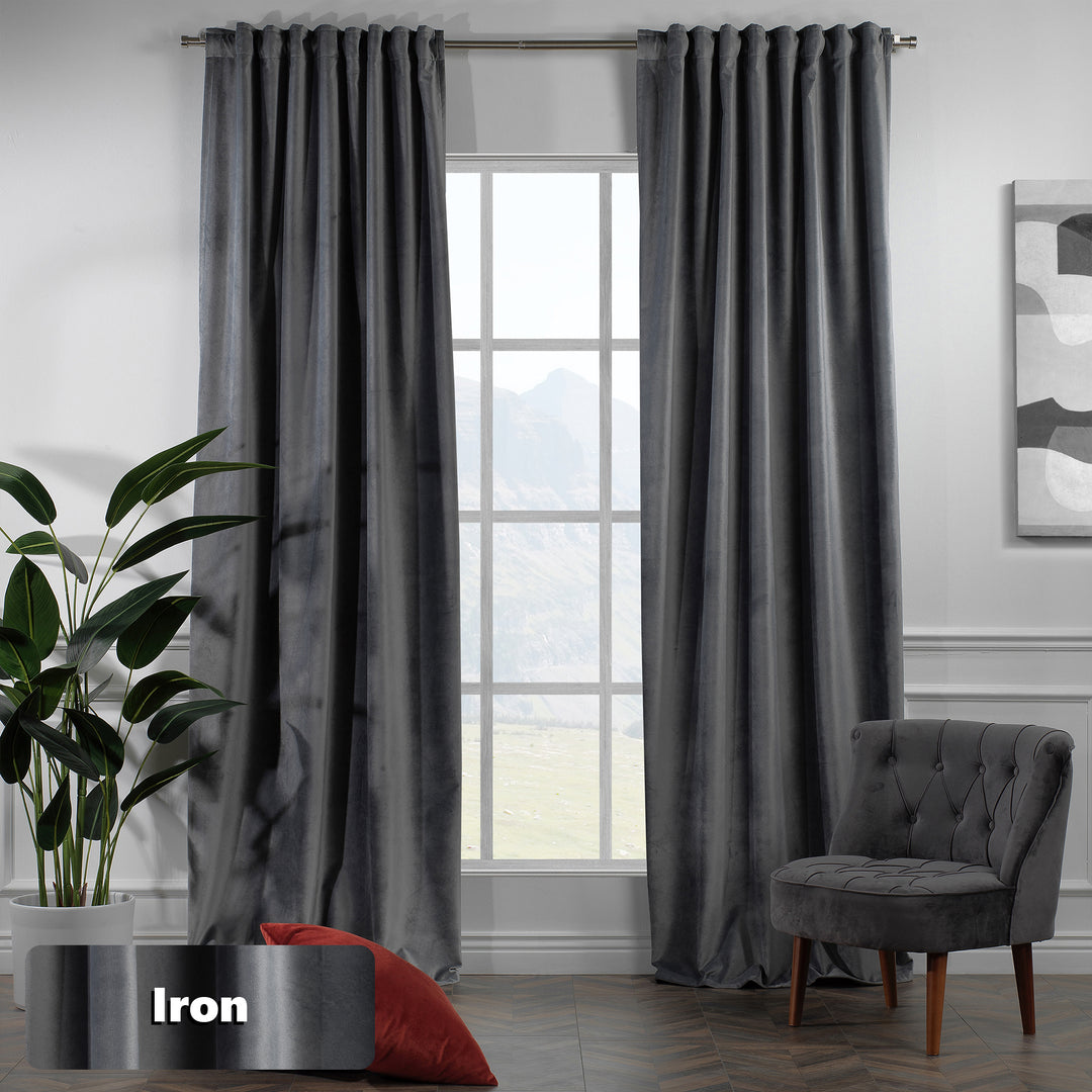 Pair of extra‑wide extra‑long iron matte velvet curtains, smooth matte finish, tailored made‑to‑measure fit.