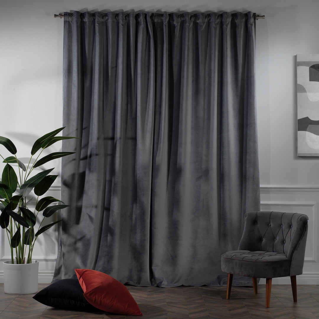 Made‑to‑measure  iron matte velvet curtain draping to the floor, wide coverage and clean tailored look.