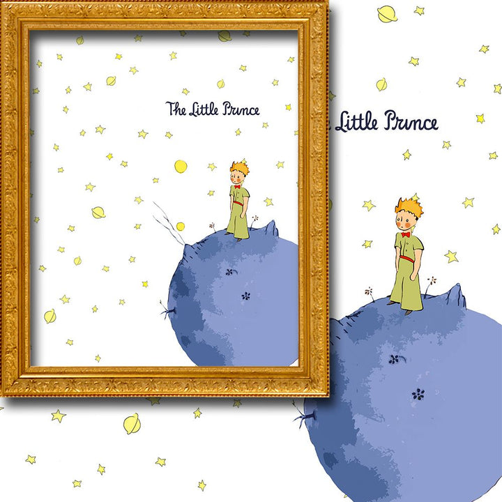 Illustration of 'The Little Prince' with a gold frame on a white background with stars.