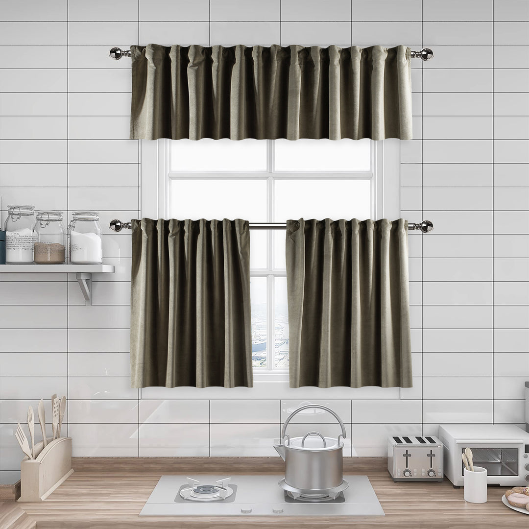 A made to measure kitchen valance in soft khaki‑green matte velvet, featuring a velvety surface and clean tailored seams for a natural elegant look