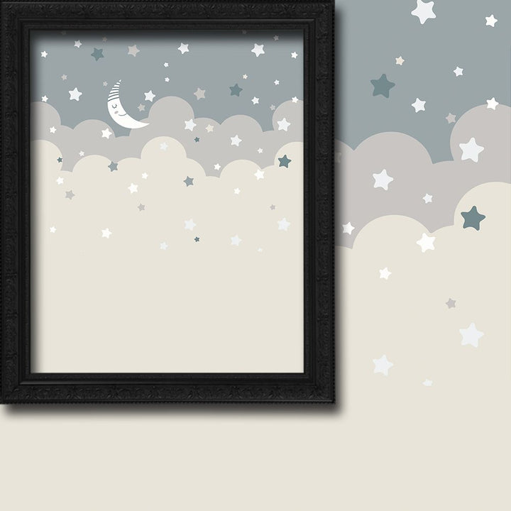 Children’s room wall art featuring a sleepy crescent moon wearing a nightcap, surrounded by soft layered clouds and scattered stars in beige and grey tones, creating a calming night‑sky theme suitable for nursery or kids’ bedroom décor.