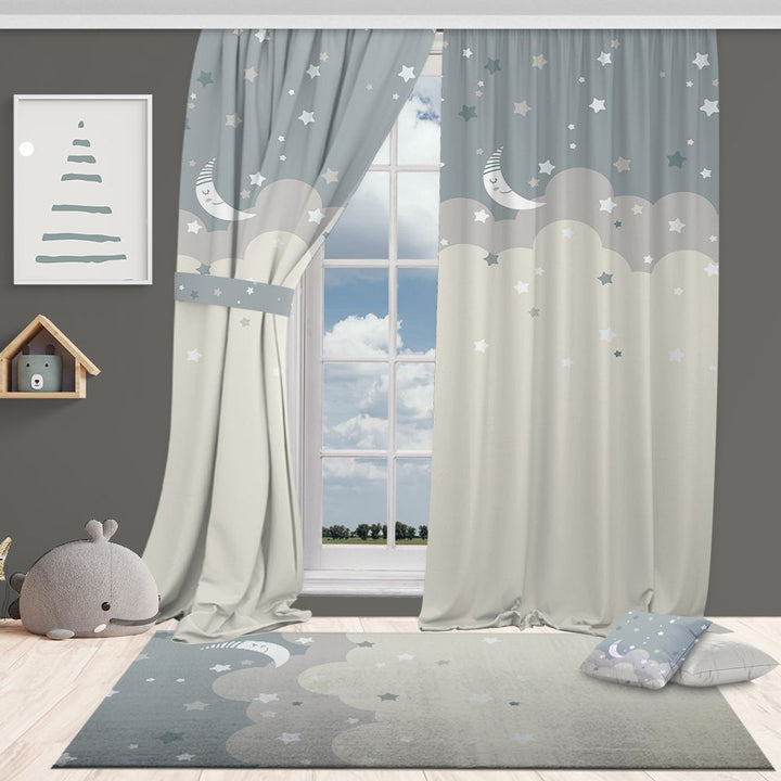 Children's room with star-patterned and cloud curtains, rug, and toys.