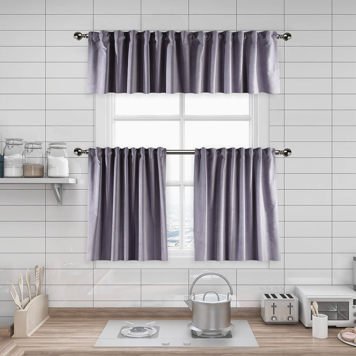 A made to measure kitchen valance in classic lavender matte velvet, featuring a velvety surface and clean seams for a fresh refined appearance