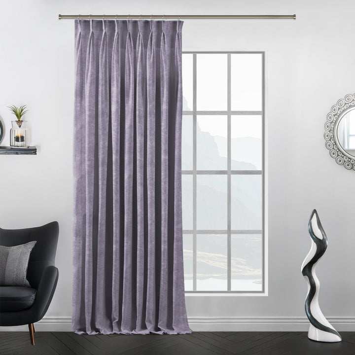 Hand‑finished lavender pinch pleat header on matte velvet curtain, structured shape and premium drape.