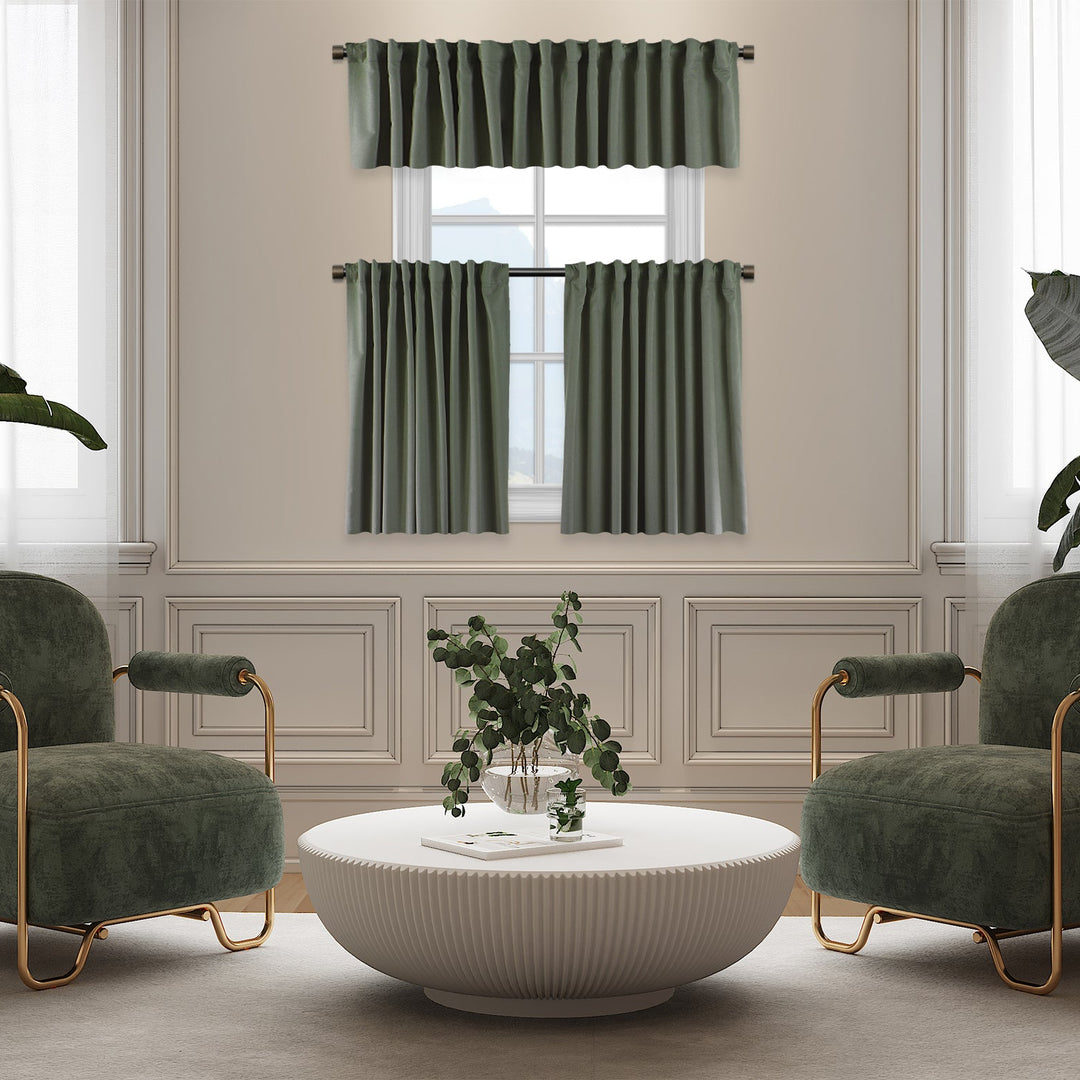 A made to measure kitchen valance in fresh leaf‑green velour, featuring a smooth lightweight surface and neatly tailored edges for a lively decorative finish