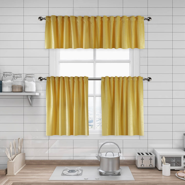 A made to measure kitchen valance in soft lemon‑yellow matte velvet, shown with a smooth plush texture and neatly tailored edges for a cheerful elegant look