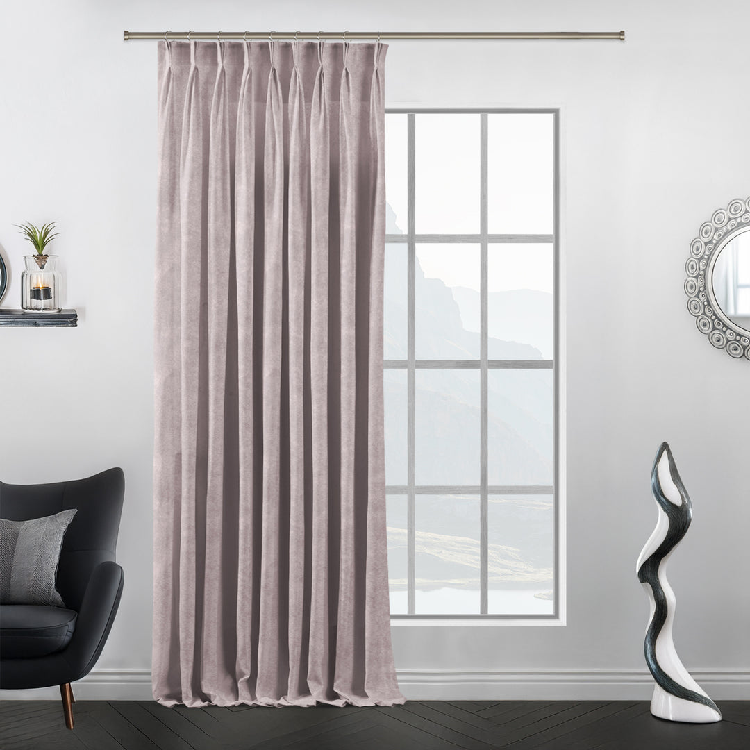 Light pink matte velvet pinch pleat curtain with extra‑long drop and extra‑wide width, structured tailored pleats and premium matte finish