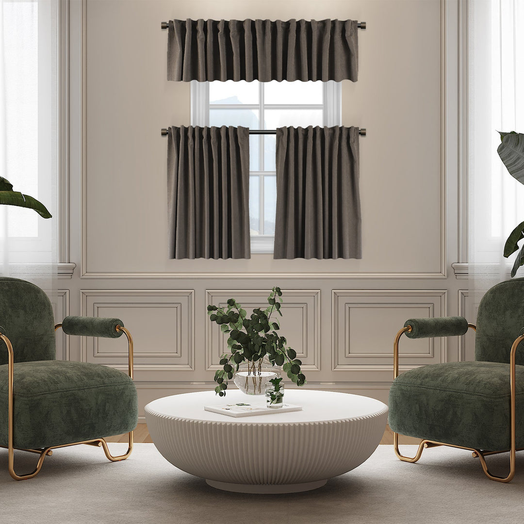 A made to measure kitchen valance in soft light‑brown velour, featuring a smooth lightweight surface and clean edges for a natural refined appearance