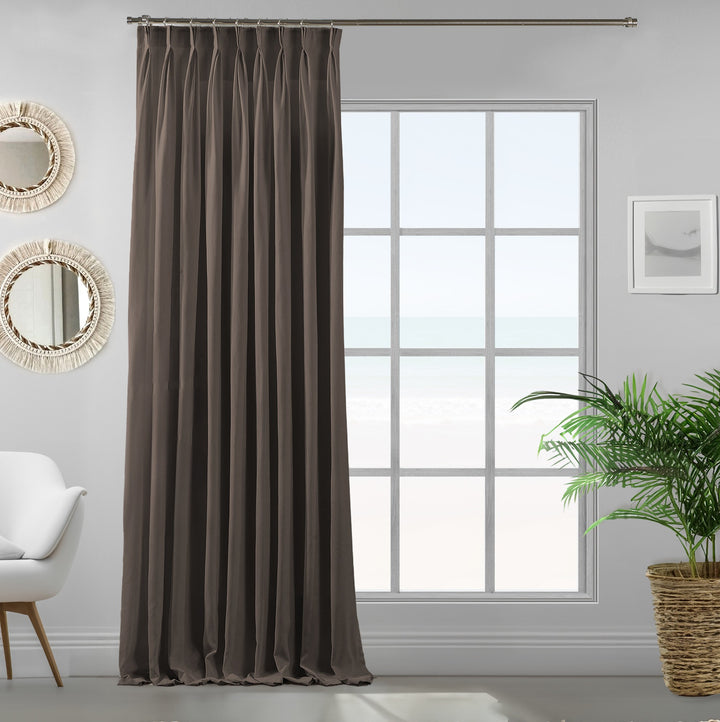 Single pinch pleated light brown velour curtain panel showing soft drape and premium matte finish.
