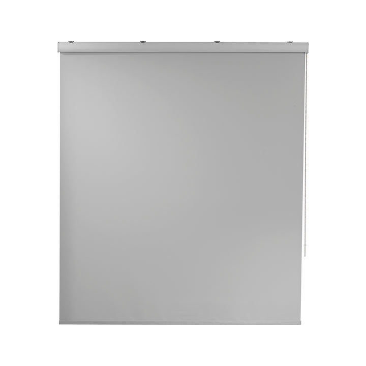 A made to measure light grey room darkening roller blind with a smooth matte surface and refined edges offering gentle light reduction
