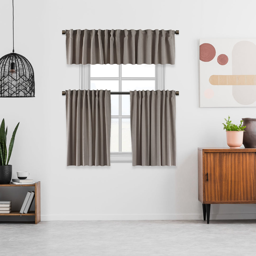 A made to measure kitchen valance in soft stone velour, shown with a lightweight plush texture and clean seams for a calm elegant finish