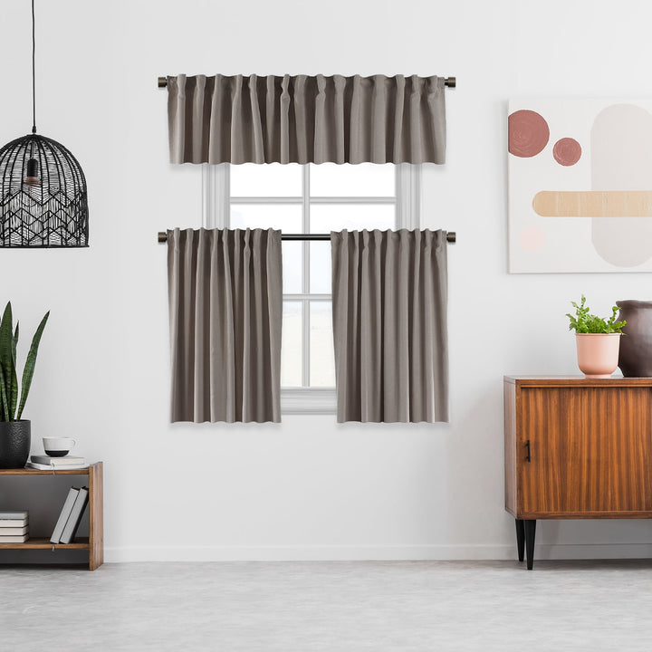 A made to measure kitchen valance in soft stone velour, shown with a lightweight plush texture and clean seams for a calm elegant finish