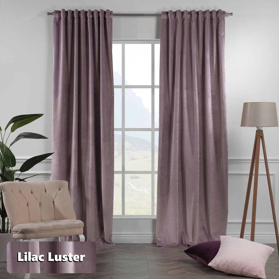 Pair of lilac luster matte velvet pinch pleat curtains with deep folds and extra‑wide fullness, made‑to‑measure fit.