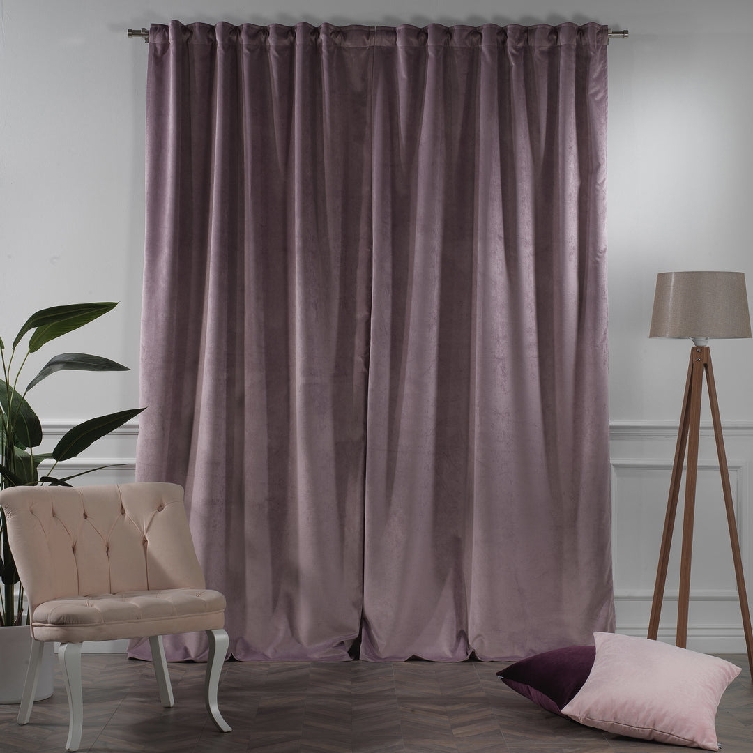 Lilac matte velvet eyelet curtain with extra‑long extra‑wide panel and metal ring top, soft matte drape.