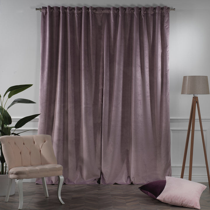 Lilac matte velvet eyelet curtain with extra‑long extra‑wide panel and metal ring top, soft matte drape.