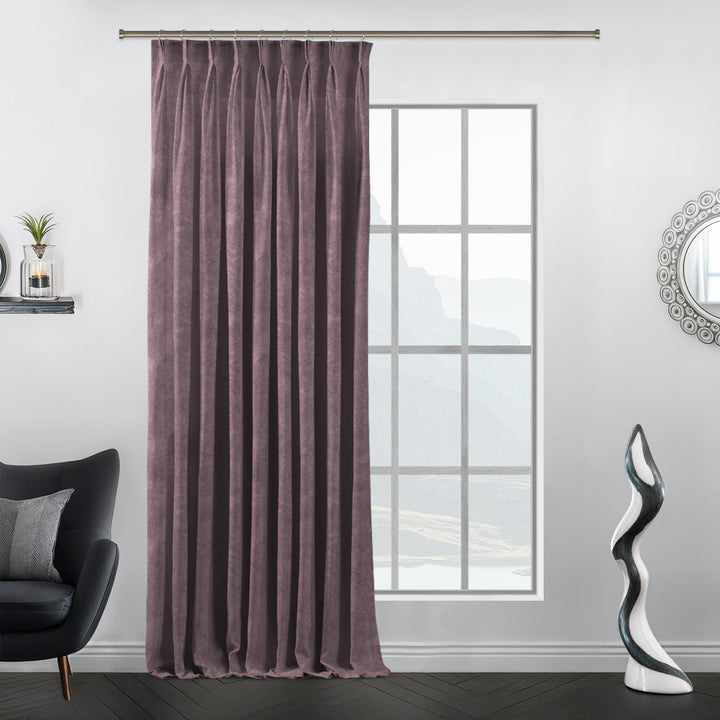 Lilac luster matte velvet pinch pleat curtain with extra‑long drop and extra‑wide width, structured tailored pleats and premium matte finish.