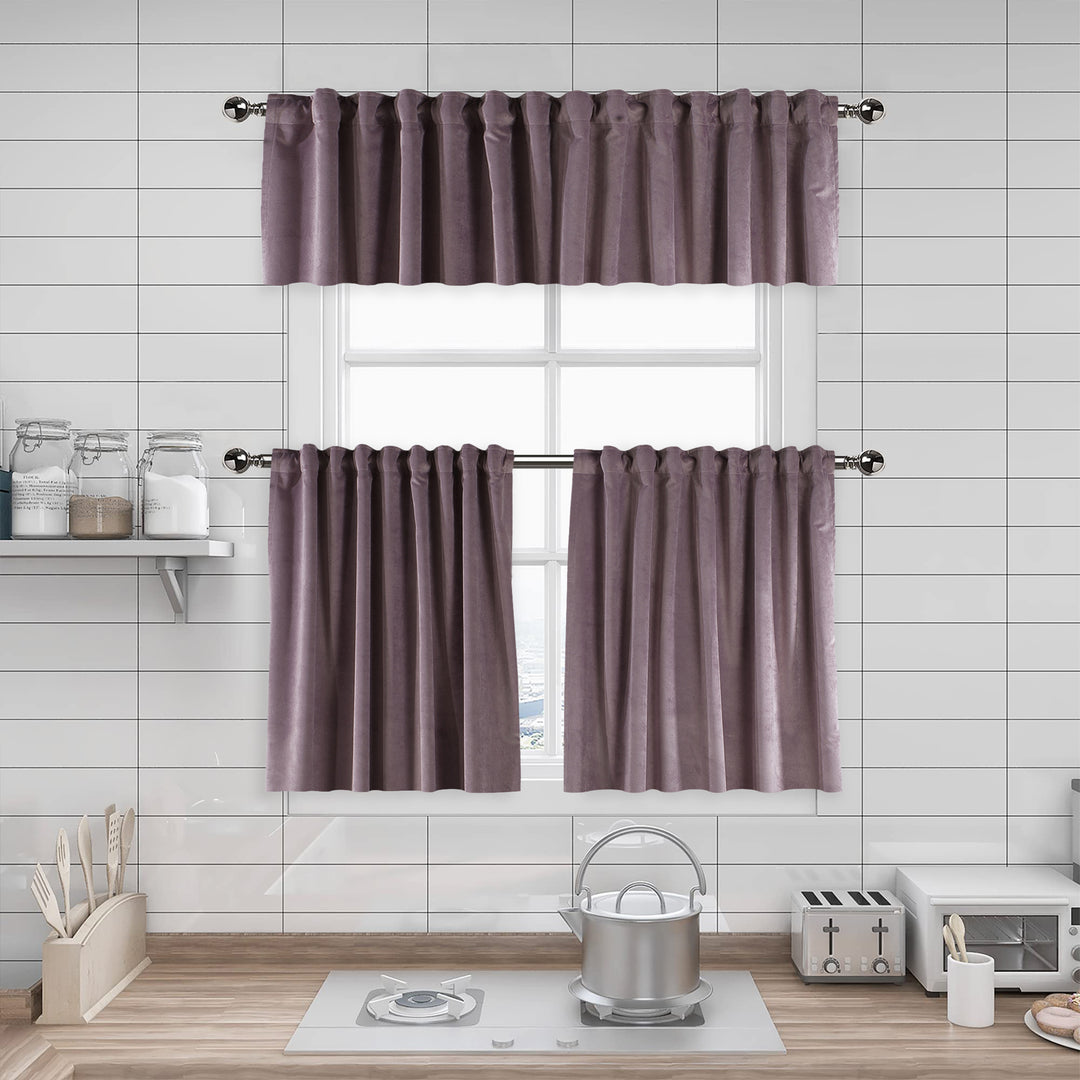 A made to measure kitchen valance in soft lilac matte velvet, shown with a smooth plush texture and neatly tailored edges for a gentle elegant finish