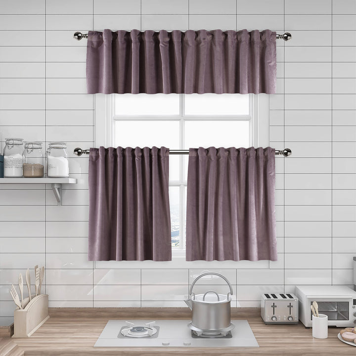 A made to measure kitchen valance in soft lilac matte velvet, shown with a smooth plush texture and neatly tailored edges for a gentle elegant finish