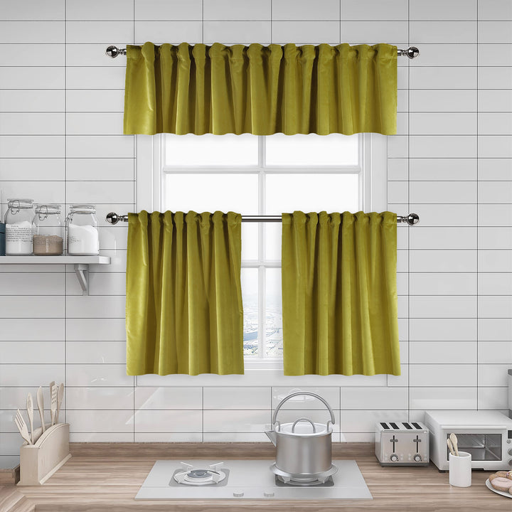 A made to measure kitchen valance in bright lime‑green matte velvet, featuring a velvety surface and clean seams for a bold fresh finish