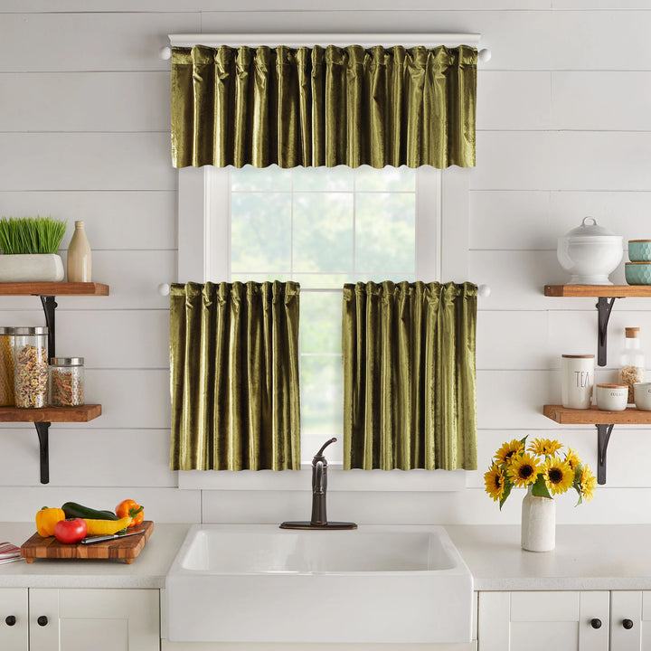A made to measure  valance in bright lime‑green shiny velvet, shown with a smooth reflective surface and crisp edges for a bold vibrant finish