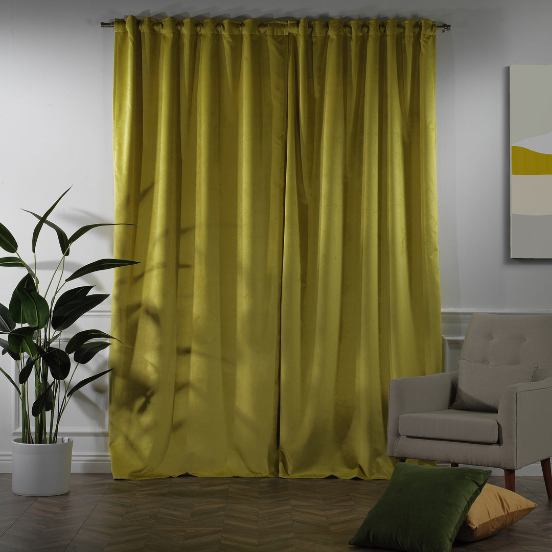Lime matte velvet extra‑long extra‑wide curtain with bright fresh‑green tone and soft matte texture