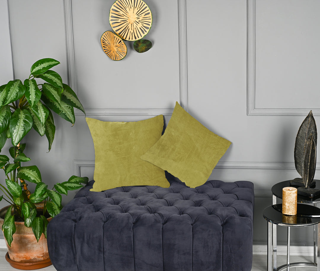A made to measure cushion cover in bright lime‑green matte velvet, featuring a velvety surface and clean seams for a bold fresh appearance