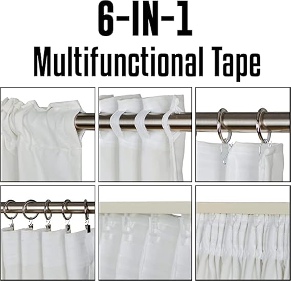 Multifunctional tape being used to secure a shower curtain on a rod with text '6-IN-1 Multifunctional Tape'.