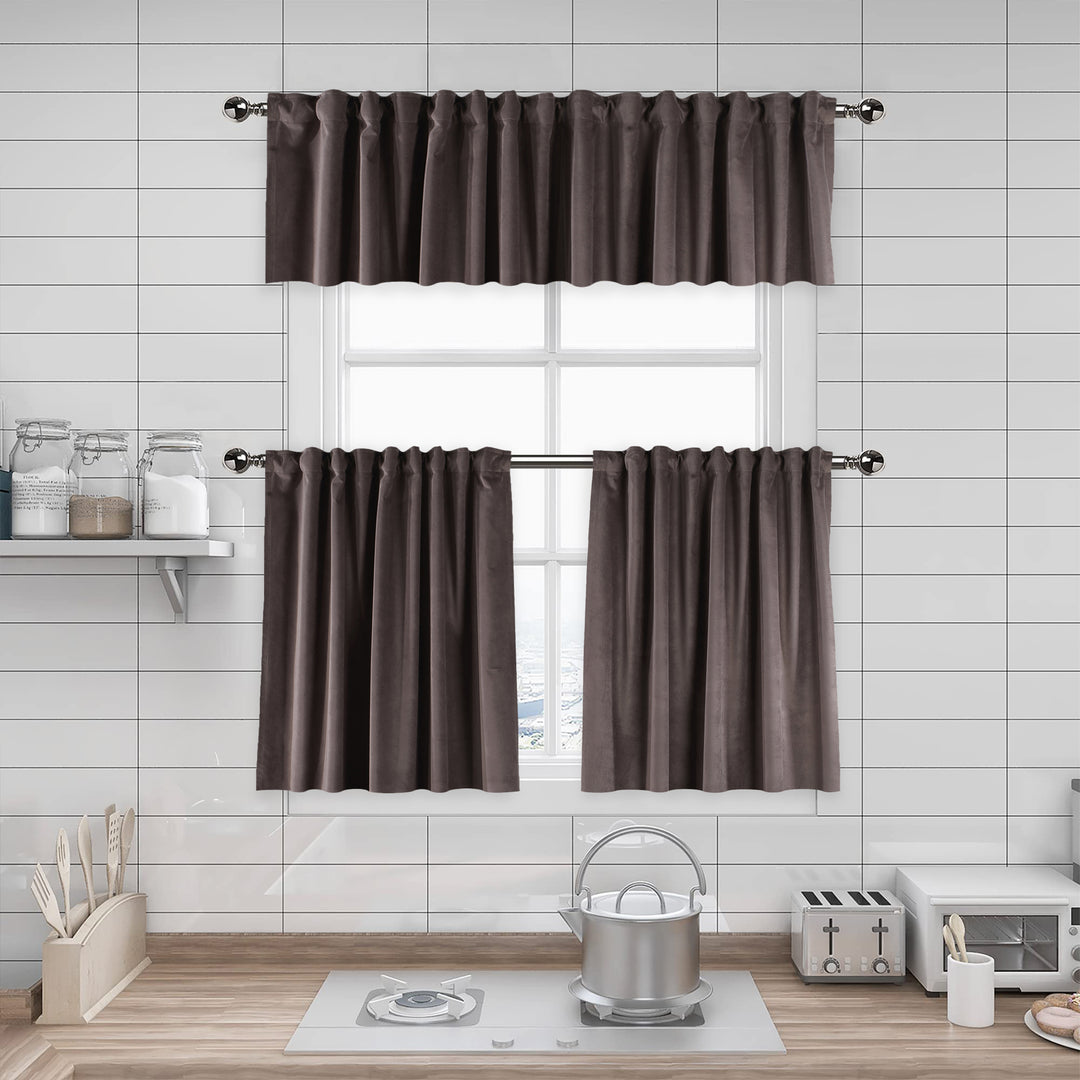 A made to measure kitchen valance in muted brown‑taupe matte velvet, featuring a velvety surface and crisp seams for a subtle refined look