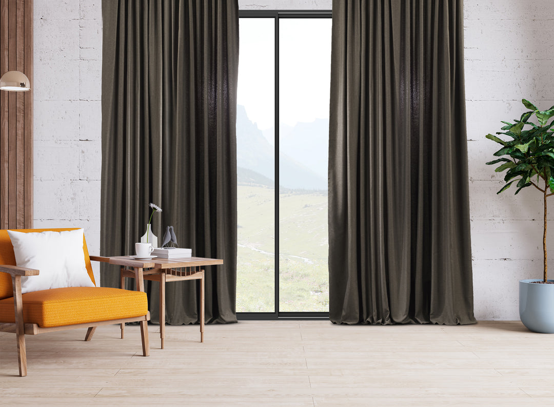 An extra‑long wide linen‑look door curtain in mink, displaying gentle woven detail, smooth folds and a calm premium finish