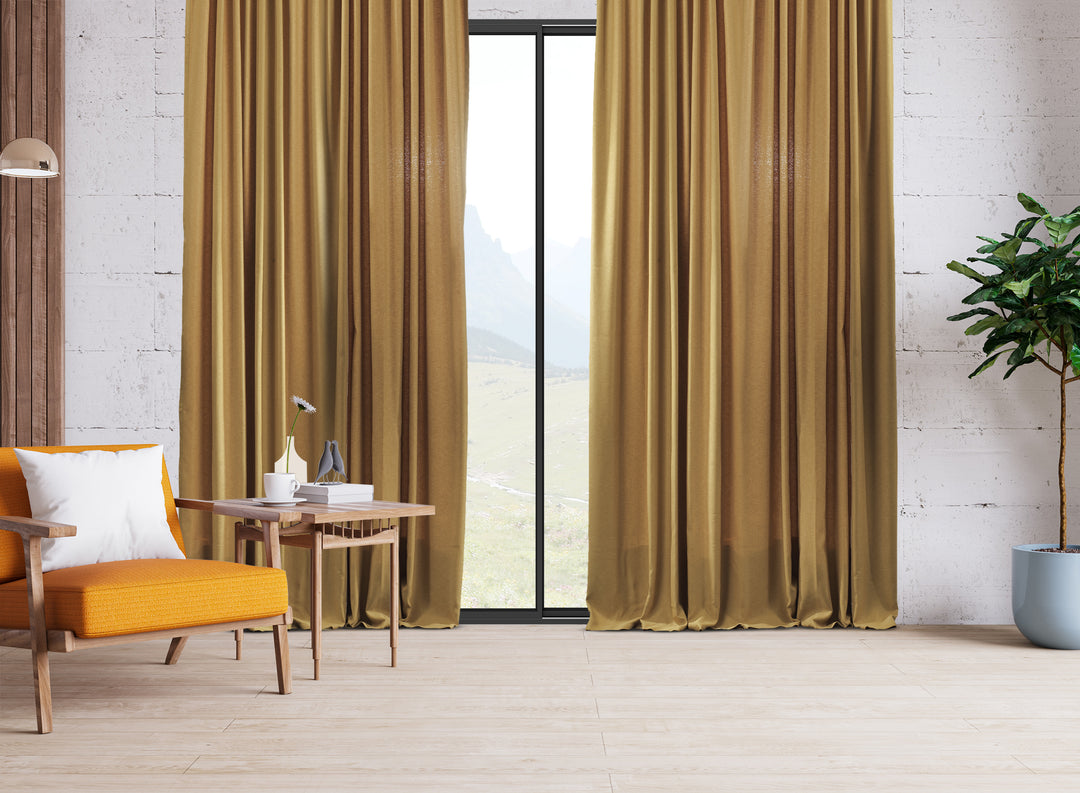 An extra‑long wide linen‑look door curtain in mustard yellow, highlighting the textured weave, smooth fall and warm premium finish