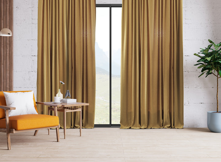 An extra‑long wide linen‑look door curtain in mustard yellow, highlighting the textured weave, smooth fall and warm premium finish